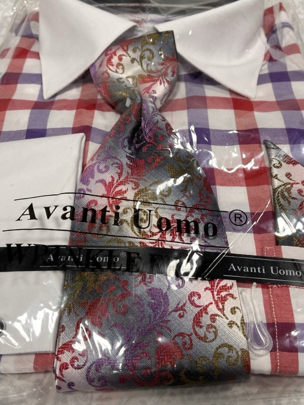 Avanti Uomo Dress Shirt Set 17.5 36/37 XL Plaid Paisley Tie Pocket Square NWT - Picture 3 of 13